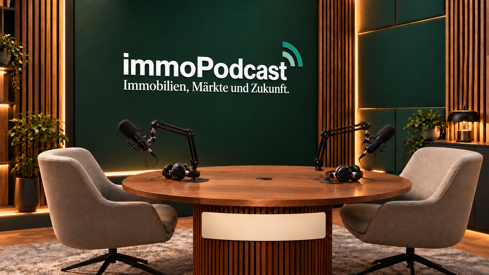 Studiovisualisierung mit immoPodcast-Logo und newhome als Sponsoringpartner im Hintergrund